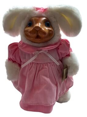 Vnt Russ Berrie Bunny Plush Doll Plastic Face Pink Dress White Fur Blue Eyes Toy